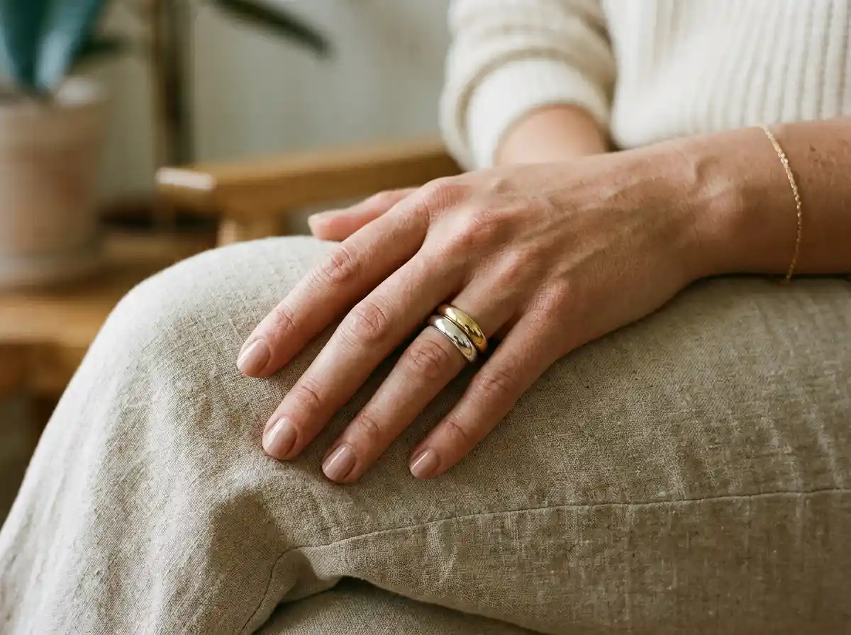 A hand resting on a linen trouser leg, wearing a stacked sterling silver ring directly against a yellow gold ring on the index finger