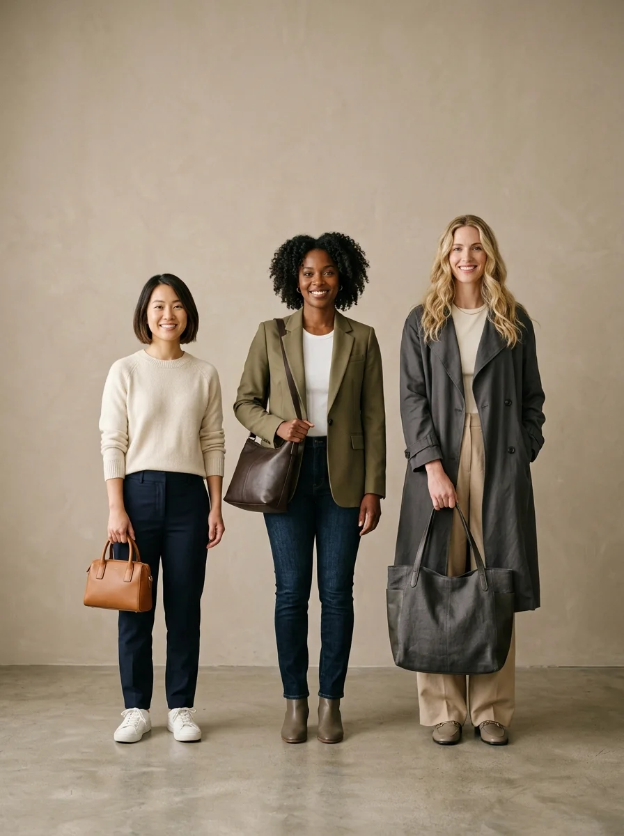 Three women of petite, average, and tall height standing side by side, each carrying a handbag proportioned to her frame, from small top-handle to oversized tote.