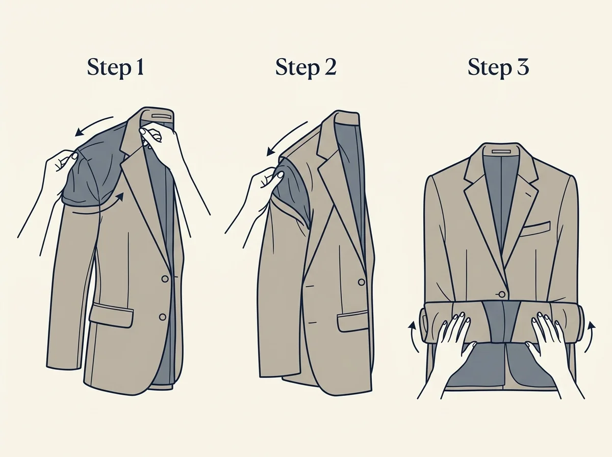 A step-by-step editorial vector diagram showing how to reverse a blazer shell and nest the shoulders for wrinkle-free travel.