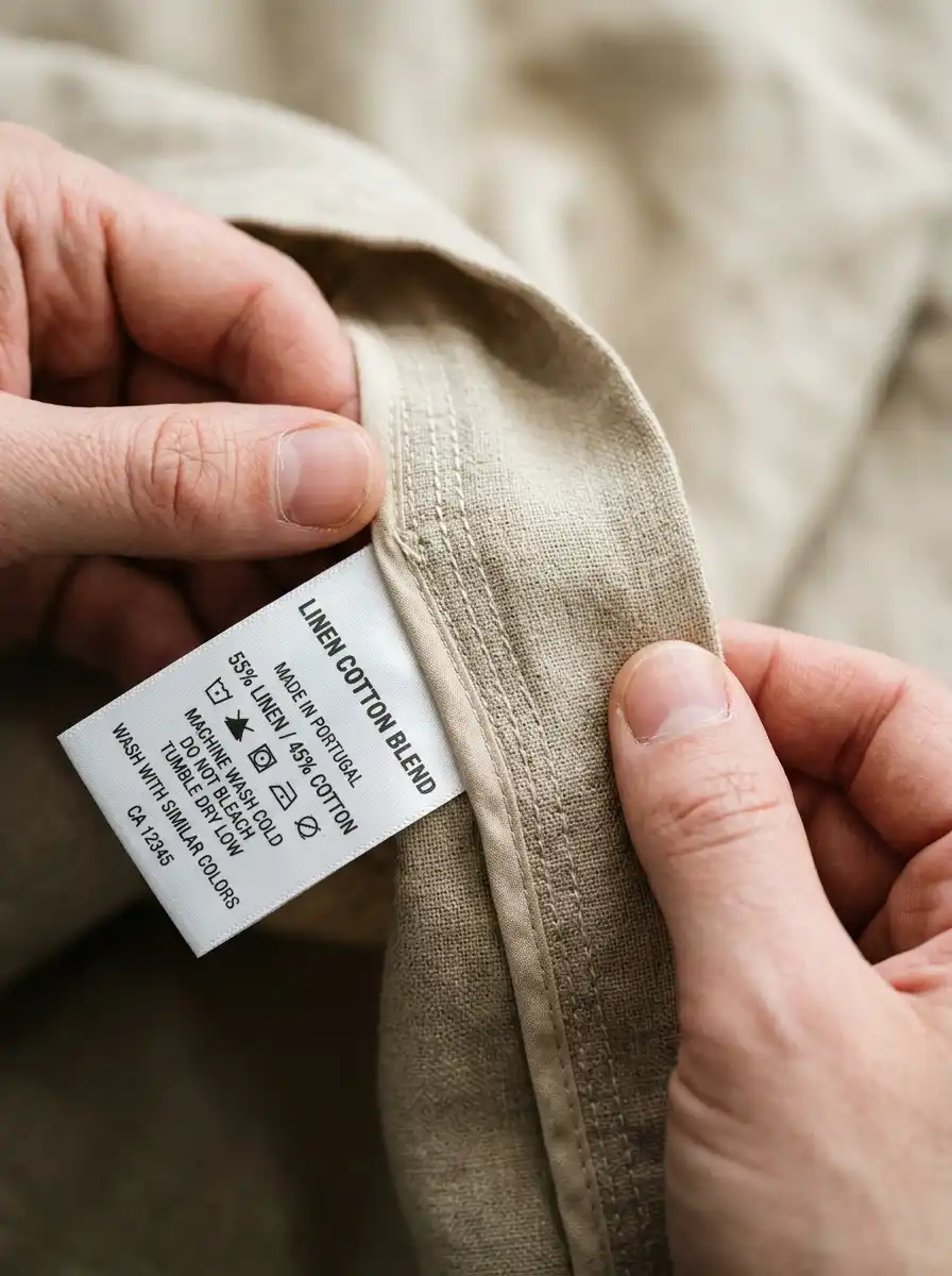 Extreme close-up of hands inspecting the inner seam tension and woven fabric tag of a high-quality cotton linen blend garment.