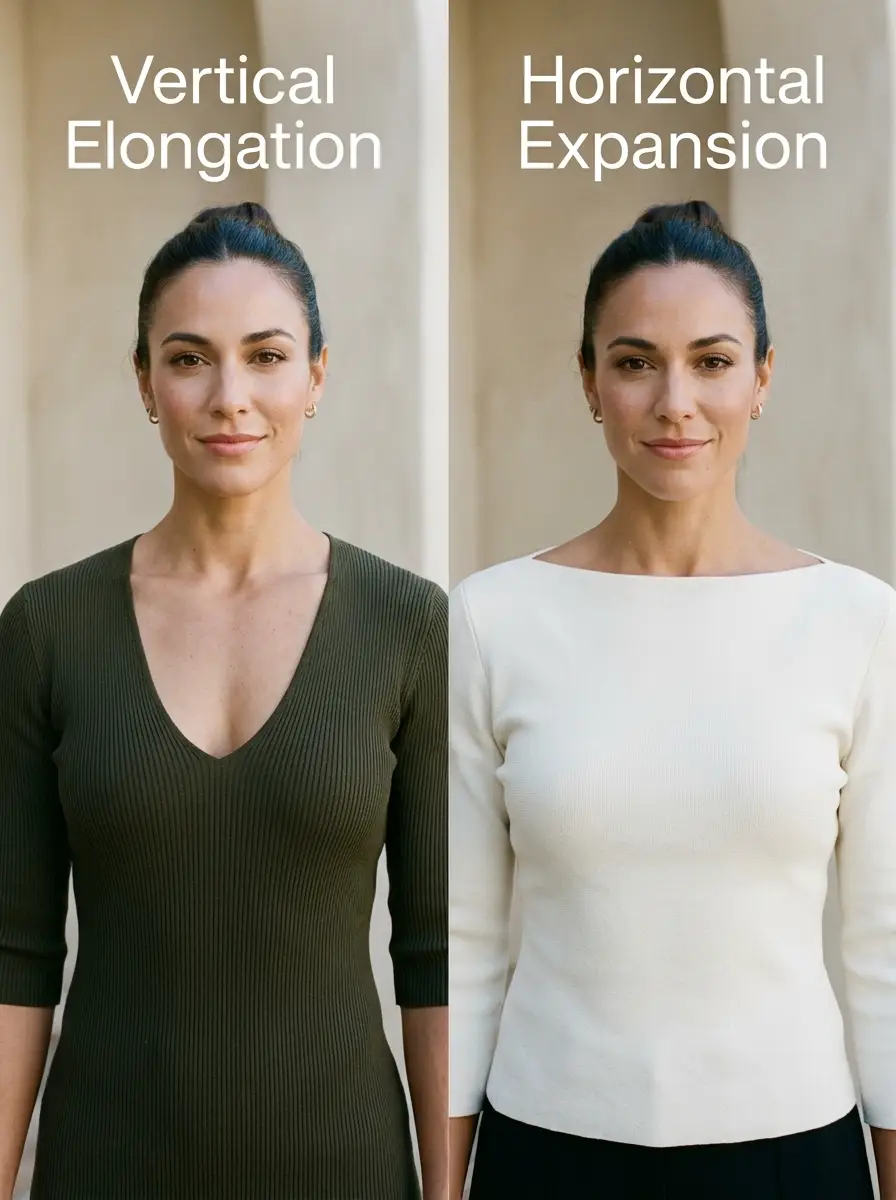 Side-by-side comparison of a deep V-neck top that elongates broad shoulders versus a wide boat-neck top that broadens them.