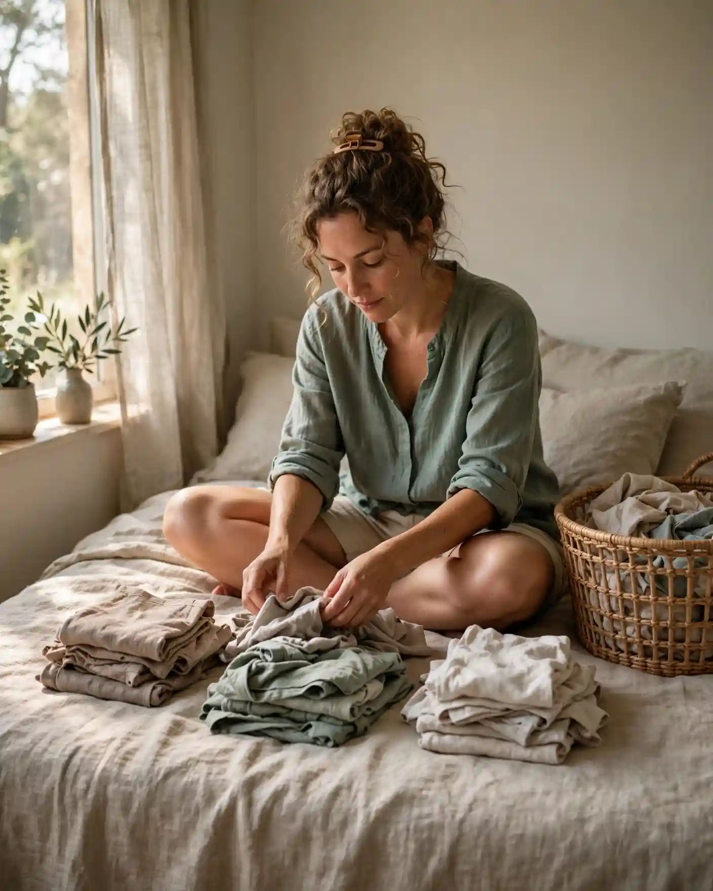 A woman sitting on a bed sorting a small pile of neutral clothing into three stacks beside a woven laundry basket.