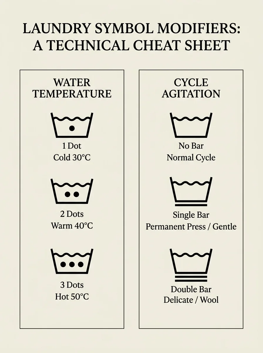 Visual reference chart showing what dots inside a wash tub mean for water temperature and what horizontal bars mean for cycle agitation.