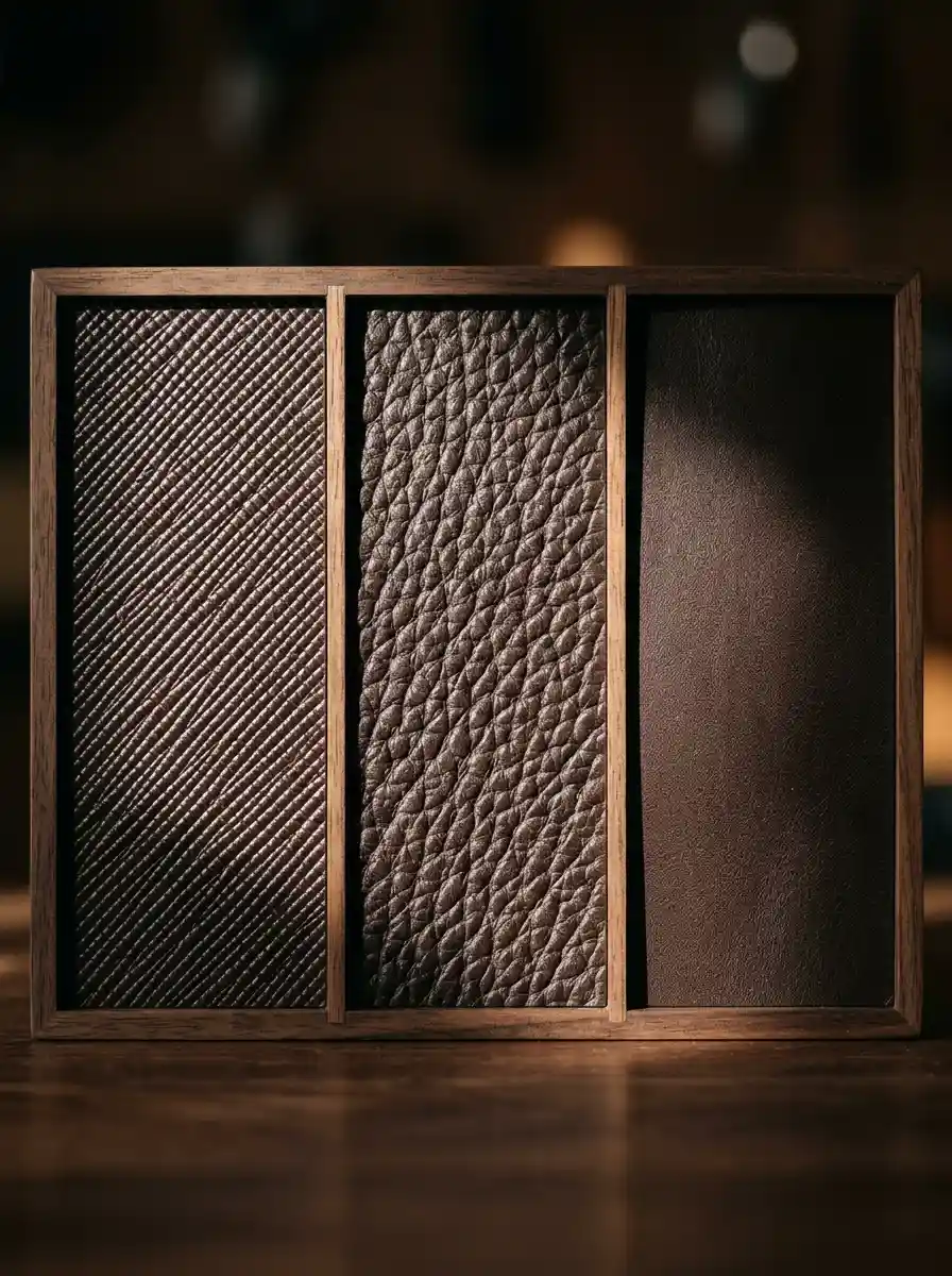 Macro triptych of three leather swatches showing cross-hatch Saffiano grain, raised pebbled grain, and smooth satin calfskin side by side.