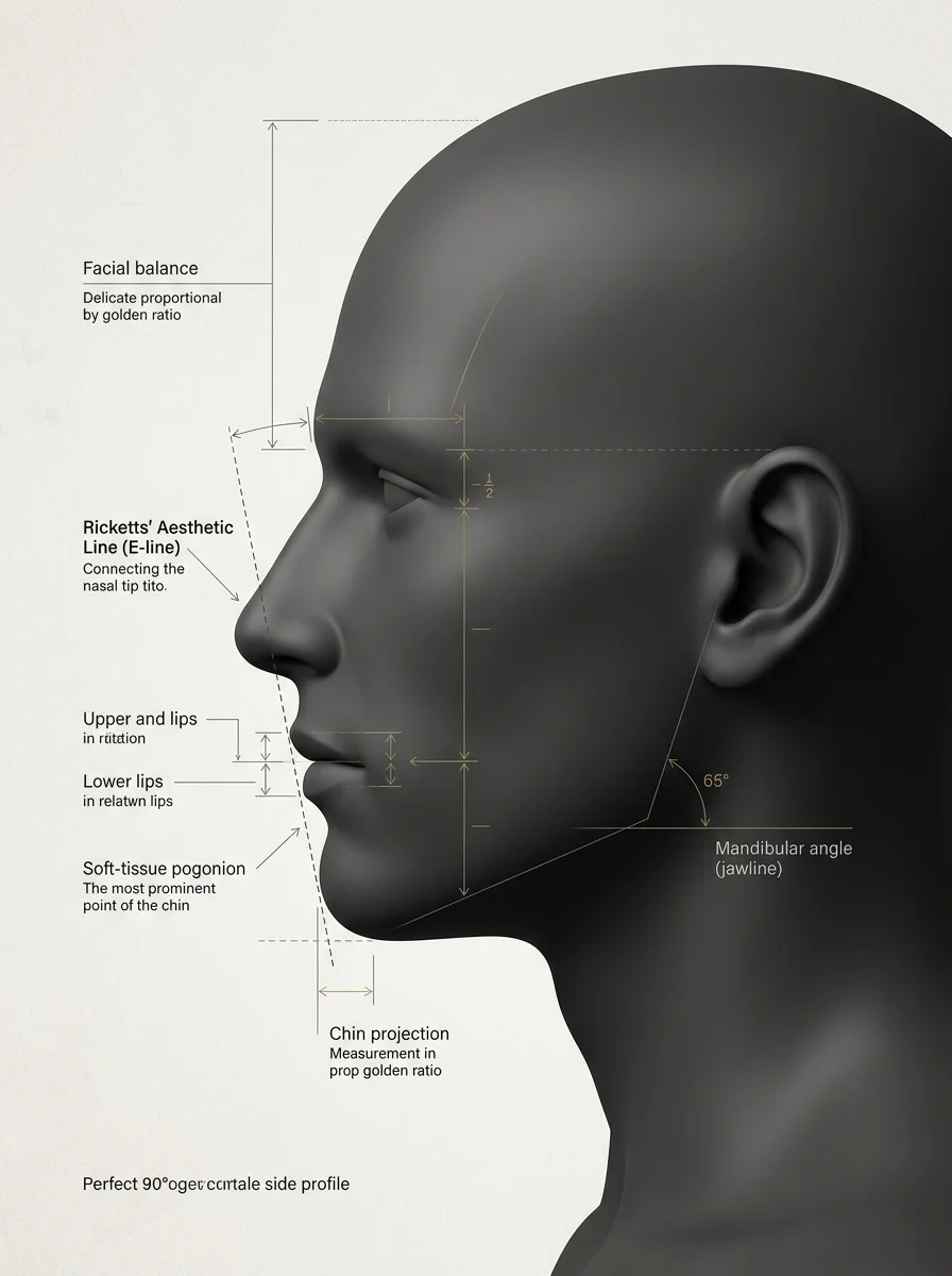 Facial proportion analysis diagram showing Ricketts' E-line connecting the nose tip, lips, and chin projection point on a male side profile.