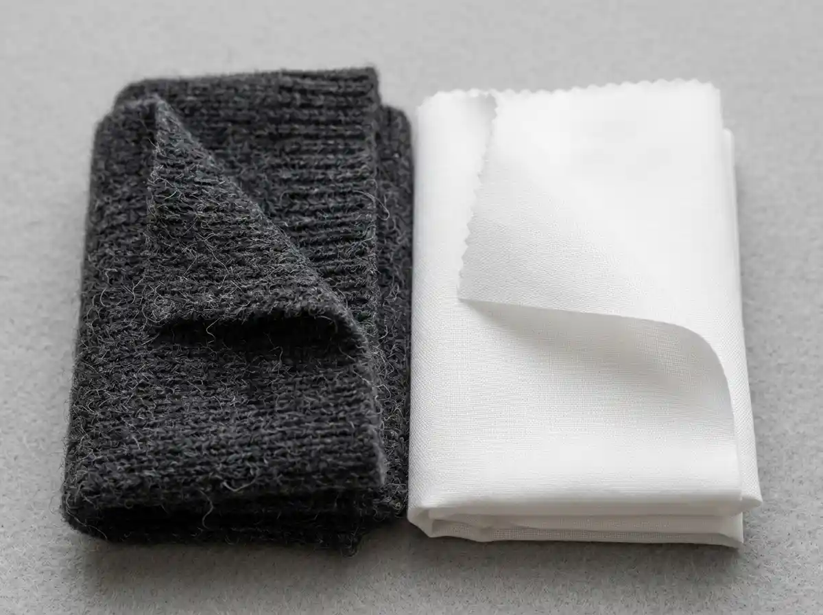 Close-up comparison of merino wool knit and cotton poplin fabric textures
Caption: none needed