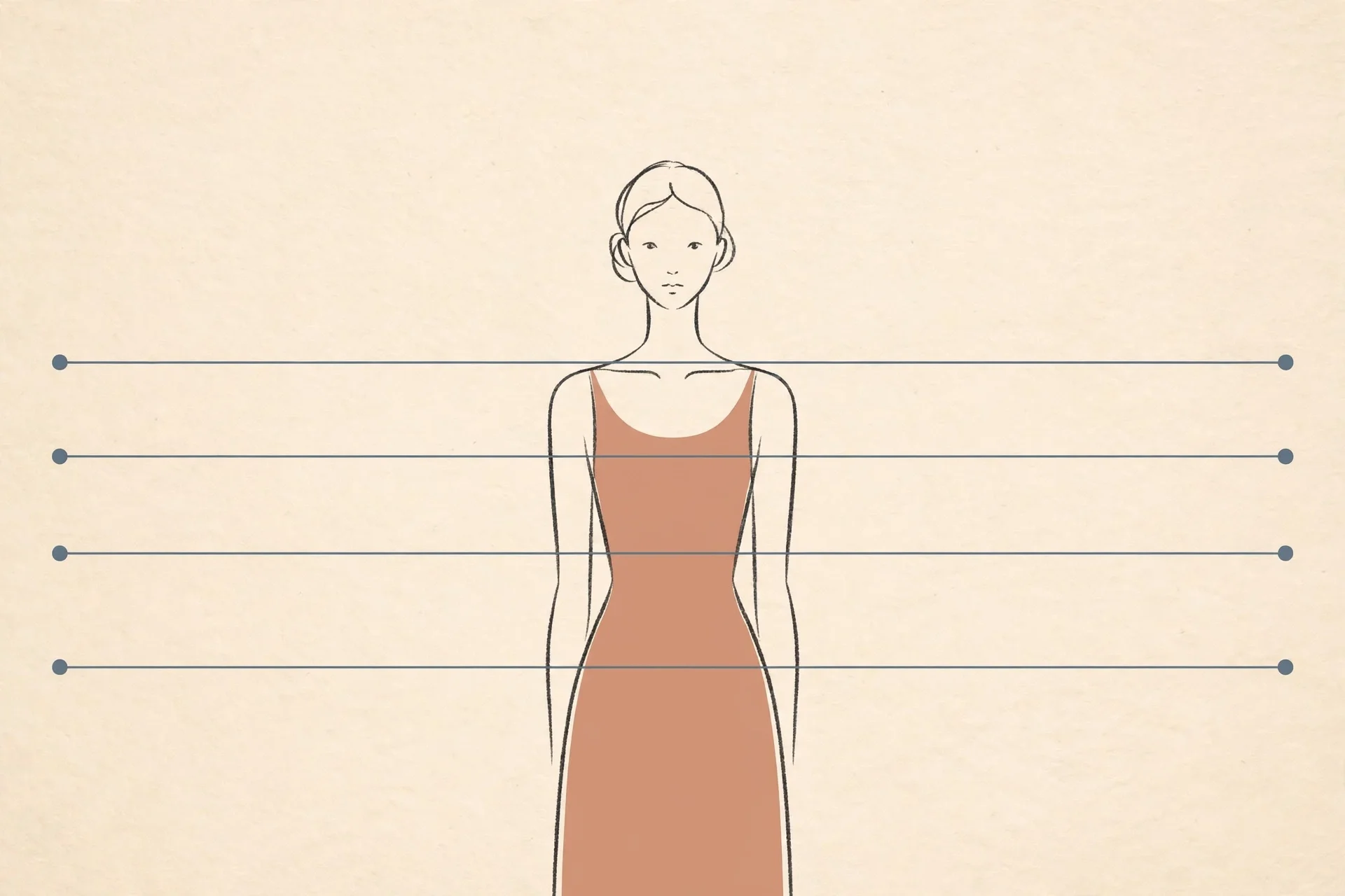 Minimal line illustration of a woman with four horizontal guide lines marking the shoulder, bust, natural waist, and hip measurement planes.