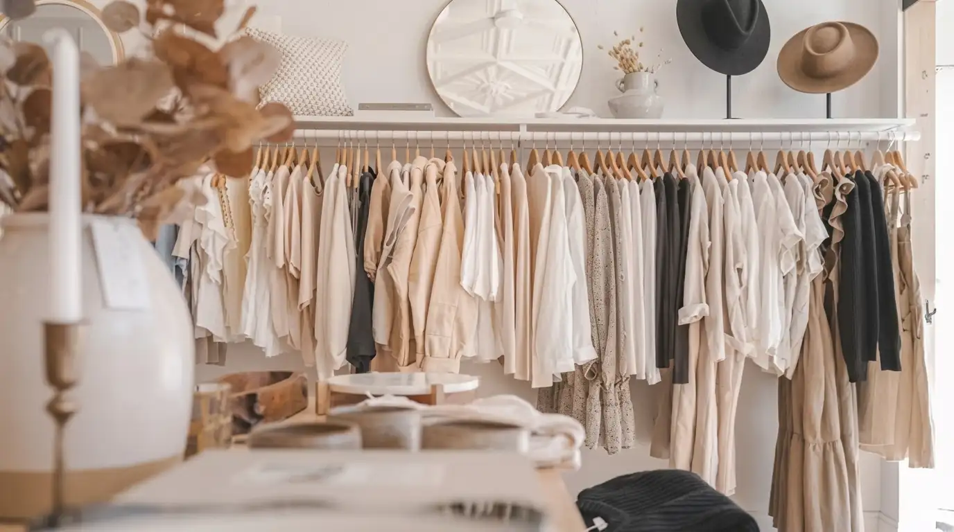 Clothing sorted into folded piles on a bed during a closet audit
