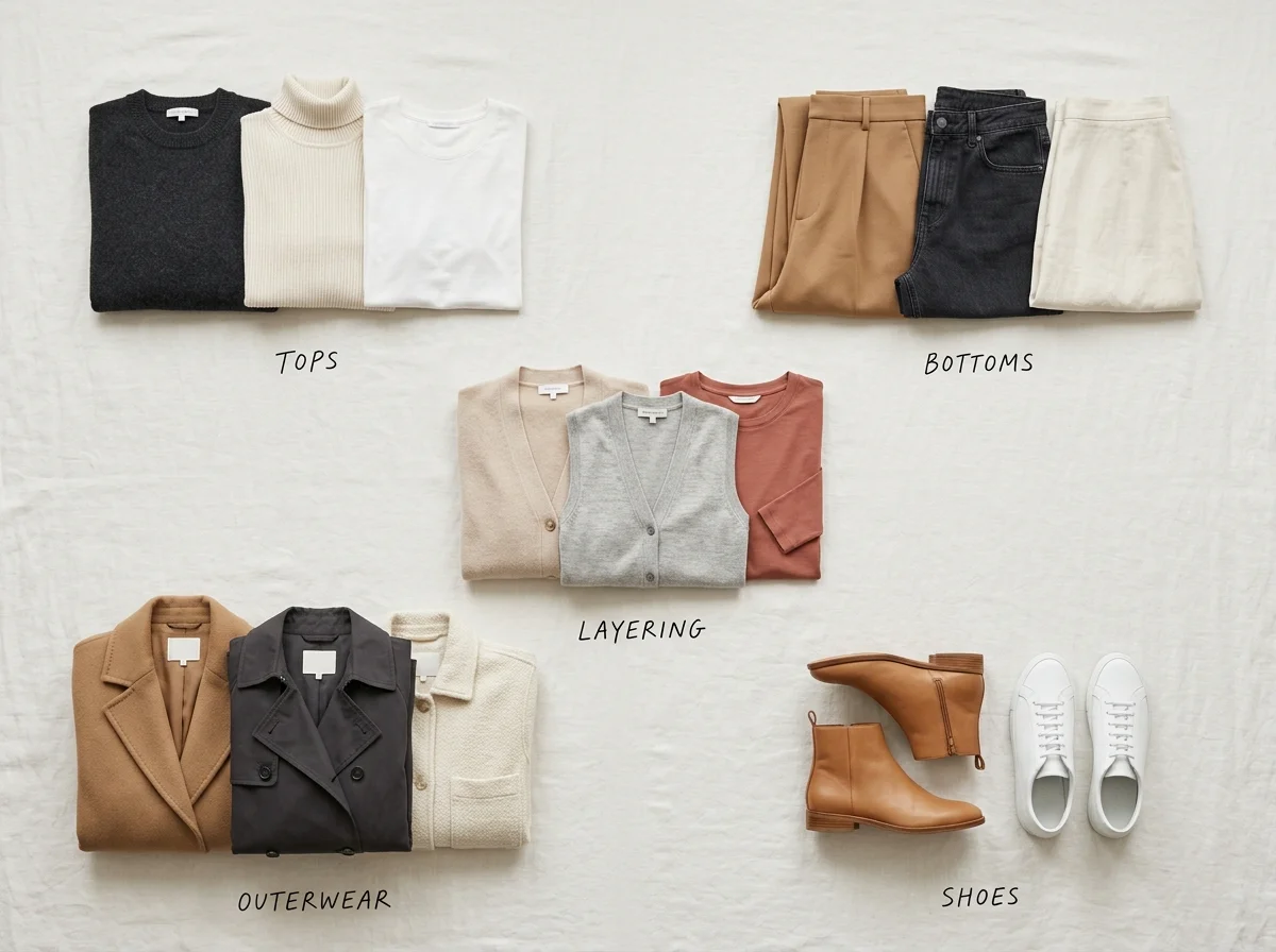 Flat-lay illustration grouping clothing into five labeled categories: tops, bottoms, layering, outerwear, shoes