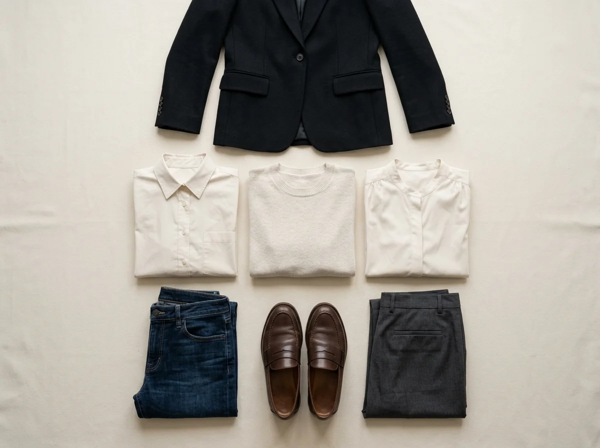 An overhead flat lay of a six-piece clothing capsule module containing straight-fit denim trousers, charcoal trousers, three neutral cream tops, and a structured blazer.