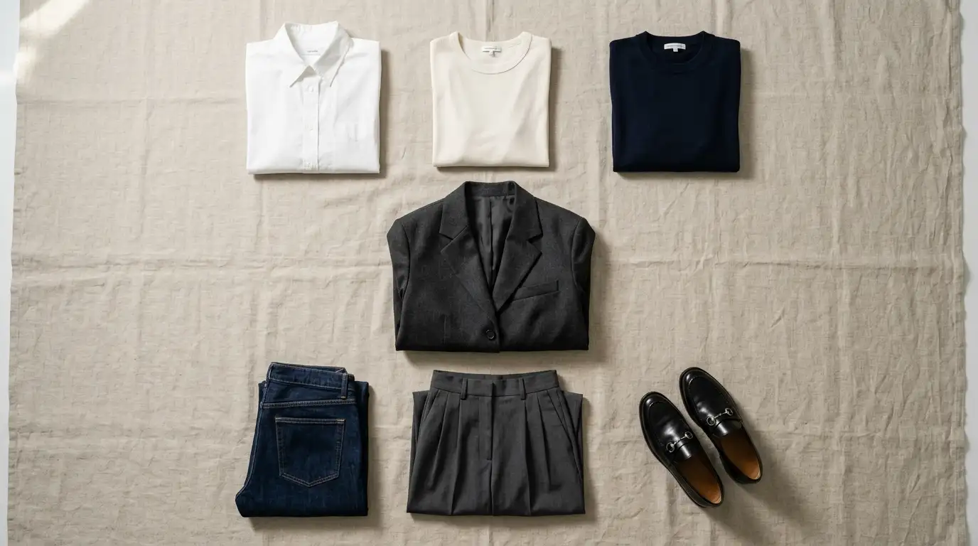 Seven cohesive wardrobe items arranged neatly on a surface showing 3 tops, 2 bottoms, 1 blazer, and leather loafers.