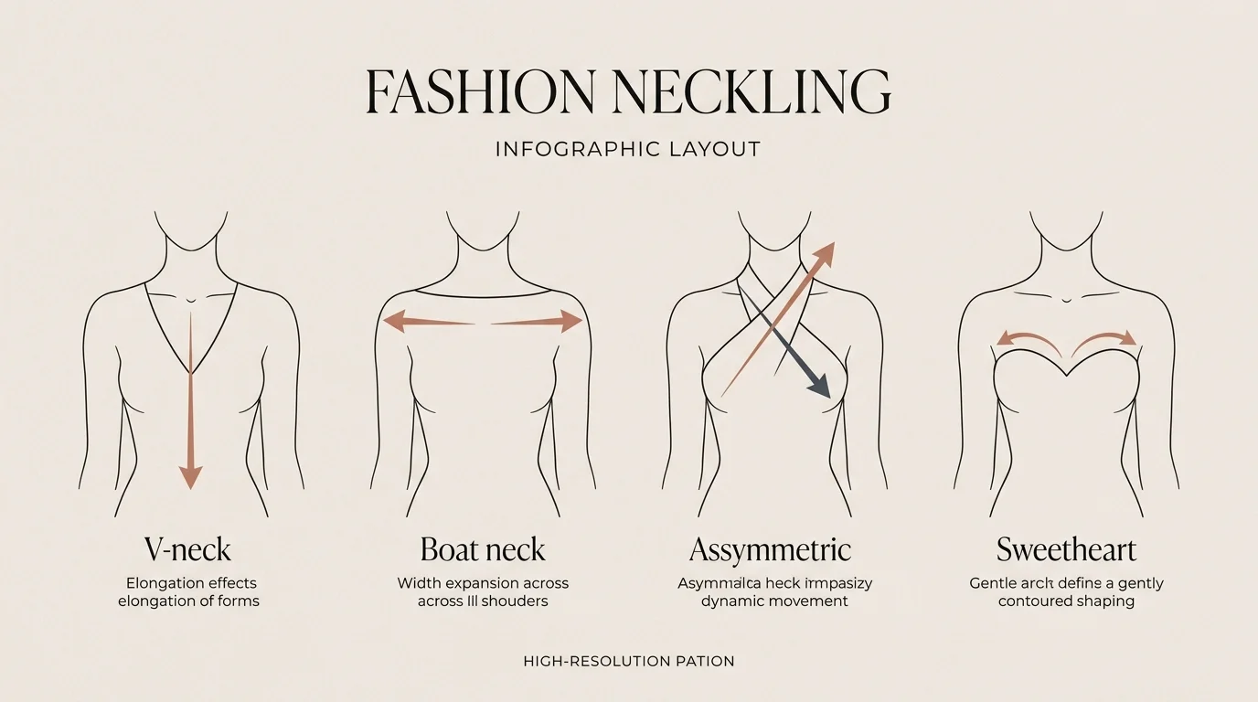 Editorial visual diagram illustrating the four optical vector directional lines of necklines: vertical elongation, horizontal expansion, diagonal distraction, and curved softening.