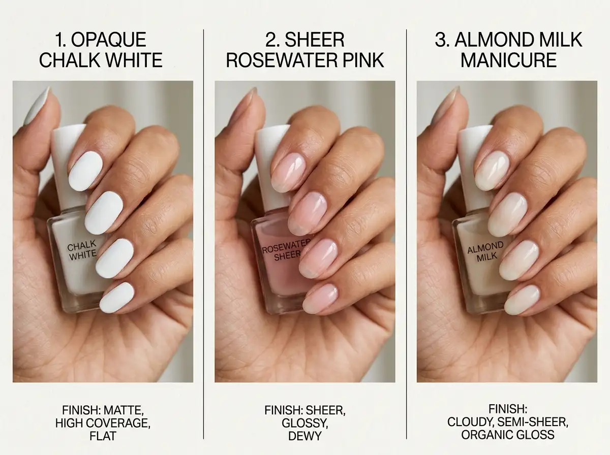 Side-by-side comparison grid displaying three nail polish styles: flat opaque stark white, translucent cool sheer pink, and the semi-sheer warm almond milk shade.
