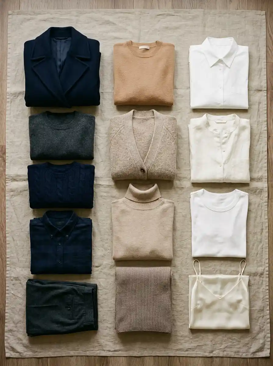 Flat lay of a capsule wardrobe in ink navy, camel, and soft ivory arranged in three neat columns on a linen background.