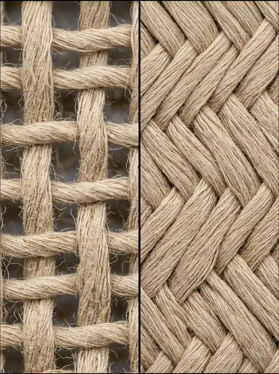 Side-by-side macro comparison of an open airy plain weave and a dense tight twill weave in natural beige cotton yarns.