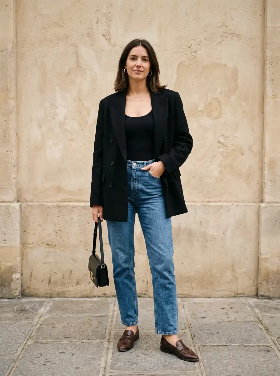 Full-length view of a model in a black double-breasted oversized blazer, tucked black bodysuit, straight denim, and leather loafers