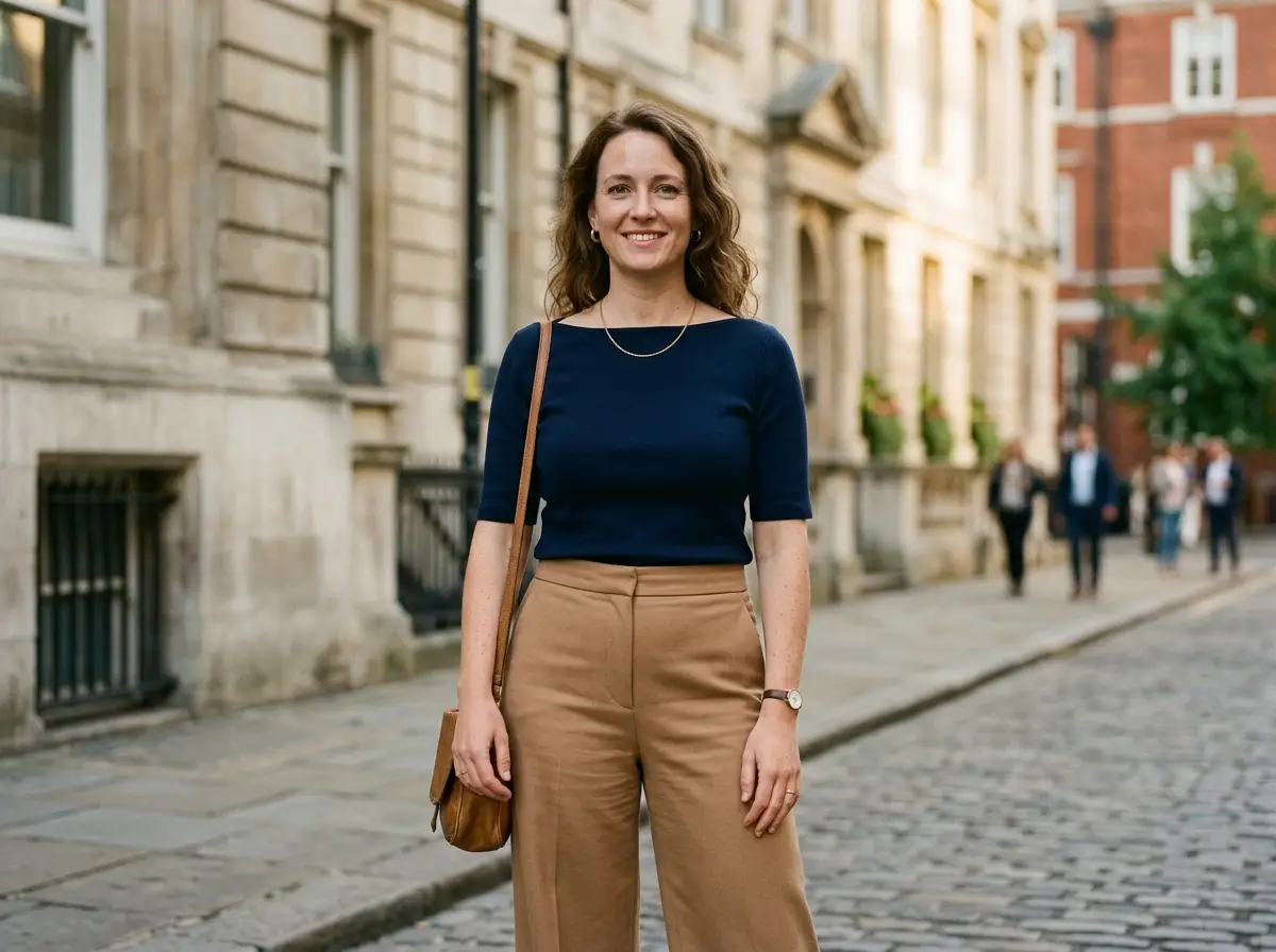 Woman with a Pear body shape wearing a navy structured boat-neck top showing horizontal line framing across shoulders.