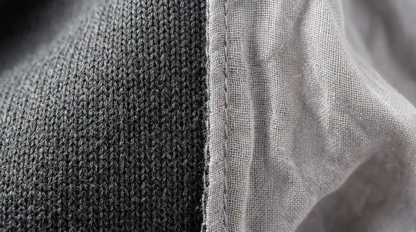 Macro photography of two distinct fabric textures side by side. Left side: dense, structured, matte ponte knit fabric with visible tight weave, 220 GSM weight, professional office attire. Right side: flimsy, sheer, slightly wrinkled rayon blouse fabric, 120 GSM weight. Studio lighting, high contrast, sharp focus on the textile threads, neutral color palette. NO visible logos, NO readable text, NO real identifiable public figures. Aspect ratio 16:9.