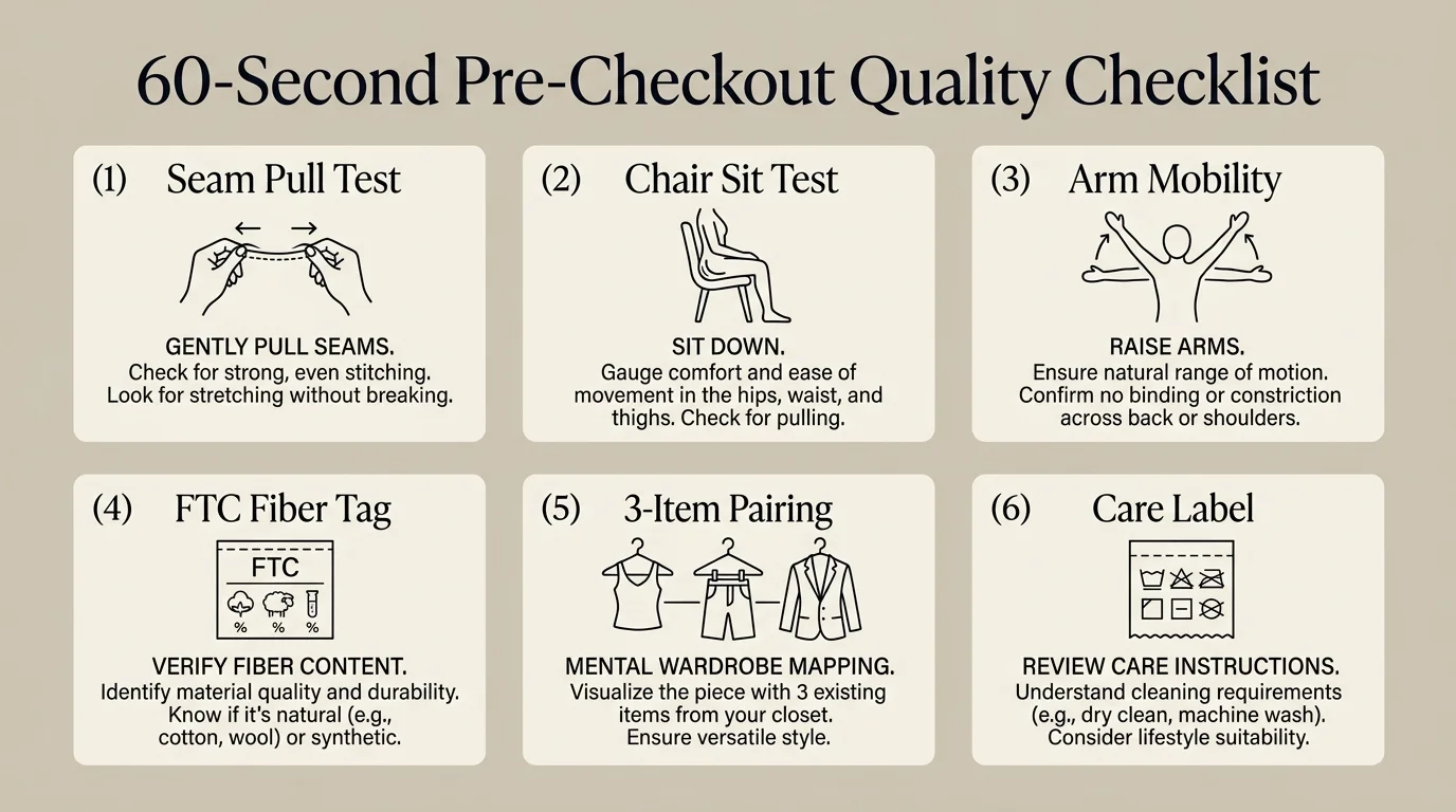 Minimalist editorial infographic displaying a 6-step pre-checkout garment quality checklist covering seam tension, dynamic fit, and care tags.