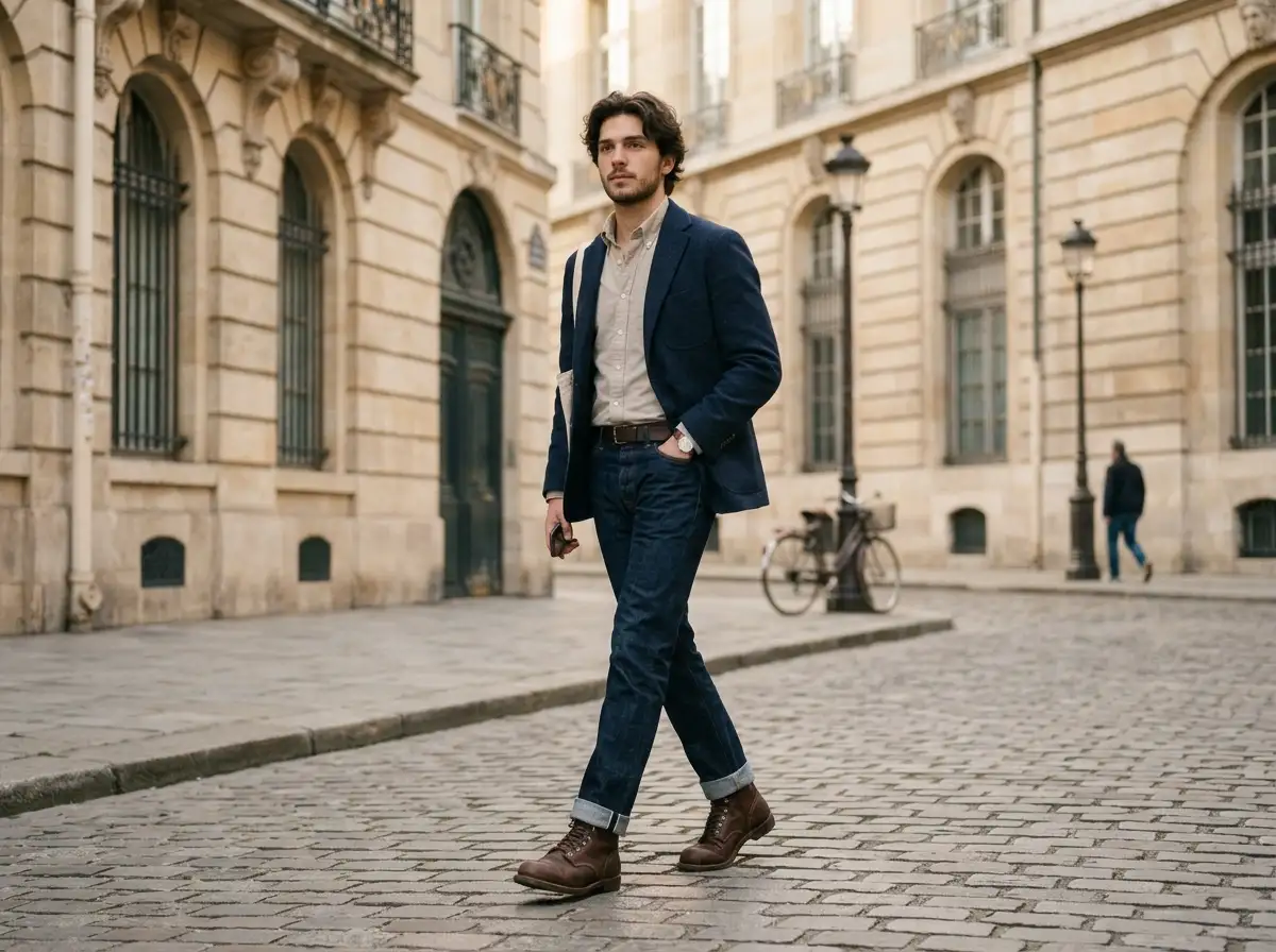 Straight fit dark indigo raw denim jeans styled with brown leather work boots and a navy blazer in an urban setting.