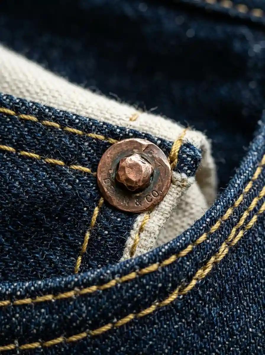 Macro detail of a raw denim pocket corner featuring a solid copper punch-through rivet and yellow chain-stitching on 10oz canvas lining.