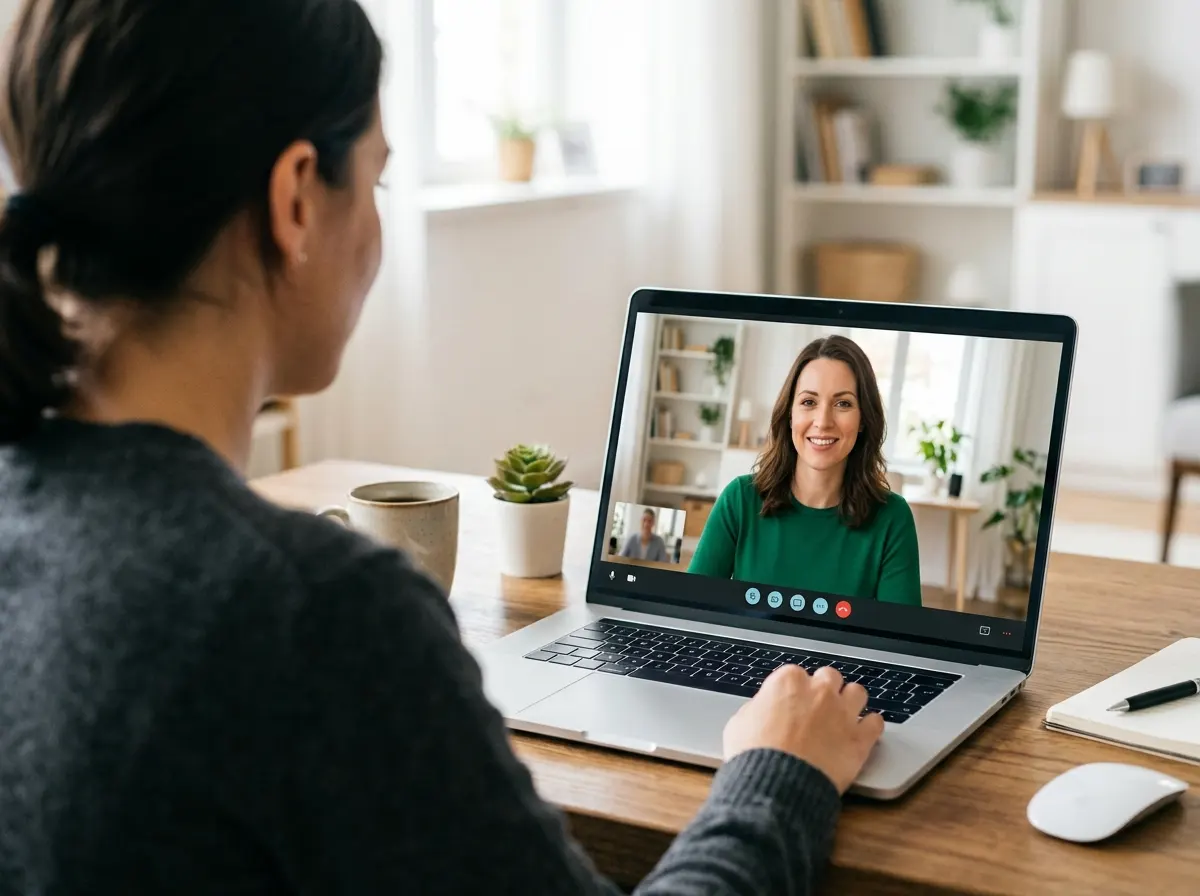 A laptop screen displaying a professional wearing a solid emerald green blouse in a bright, well-lit room.