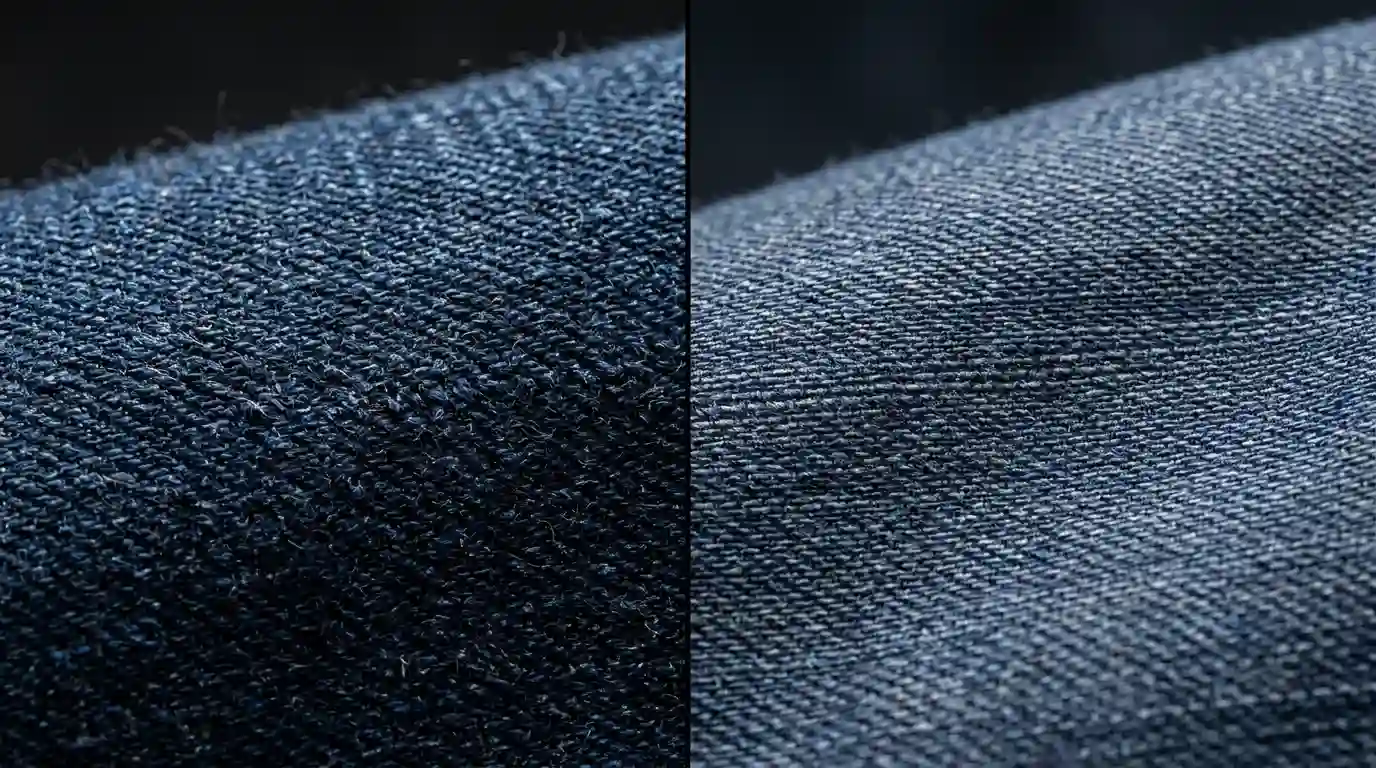 Split macro photography comparing the tight, stable weave of 100% cotton rigid denim with flexible, synthetic-blended performance stretch denim yarns.