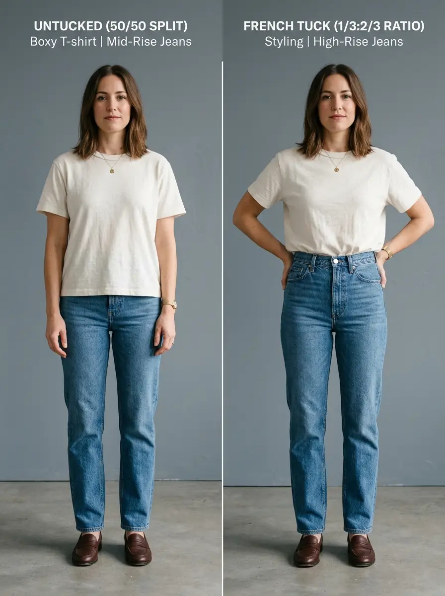 Side-by-side comparison showing an untucked 50-50 outfit split versus a tucked 1-3 to 2-3 proportioned outfit