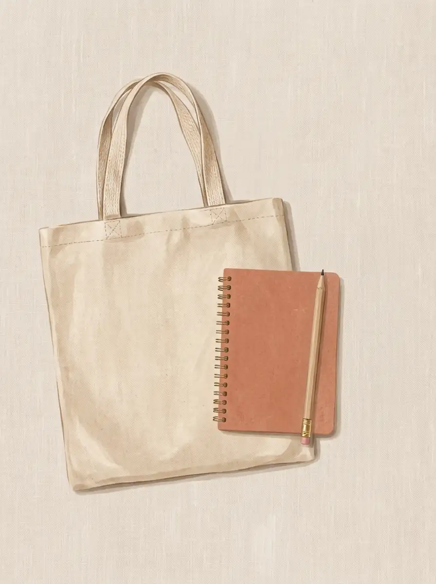 Editorial illustration of a shopping bag beside a small handwritten checklist, representing deciding what to buy before seeing a discount
