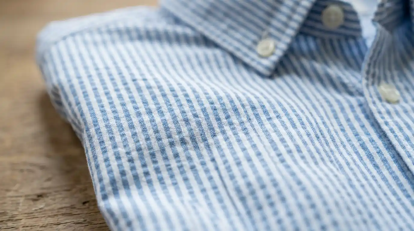 High-fidelity macro close-up of classic blue and white striped seersucker fabric, showing the distinct puckered and crinkled texture that creates natural air gaps against the skin.