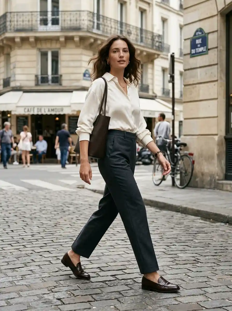 Woman wearing high-waisted straight-fit trousers and a tucked cream silk blouse demonstrating optical proportion balance and the 1/3 to 2/3 rule.