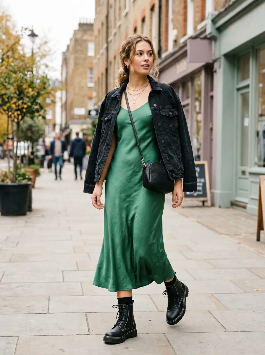 A lightweight satin slip dress worn with heavy black leather combat boots