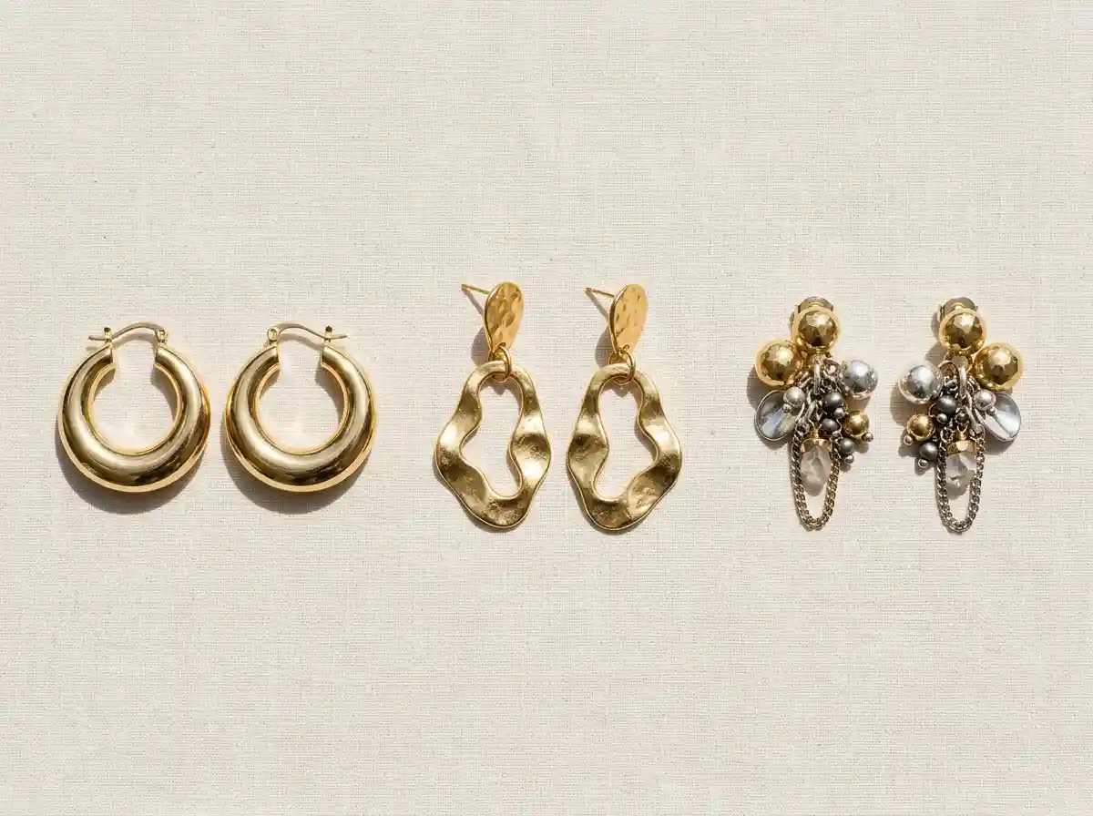 Flat lay of three statement earring styles including a chunky hoop, a sculptural drop, and a mixed metal cluster