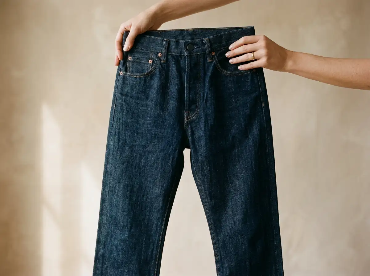 Hands holding dark straight-leg denim by the waistband so the heavy fabric drops straight down.