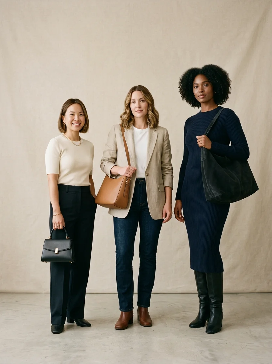 Minimal fashion illustration of three female silhouettes at different heights, each wearing a crossbody bag resting at a different torso point from thigh to hip.