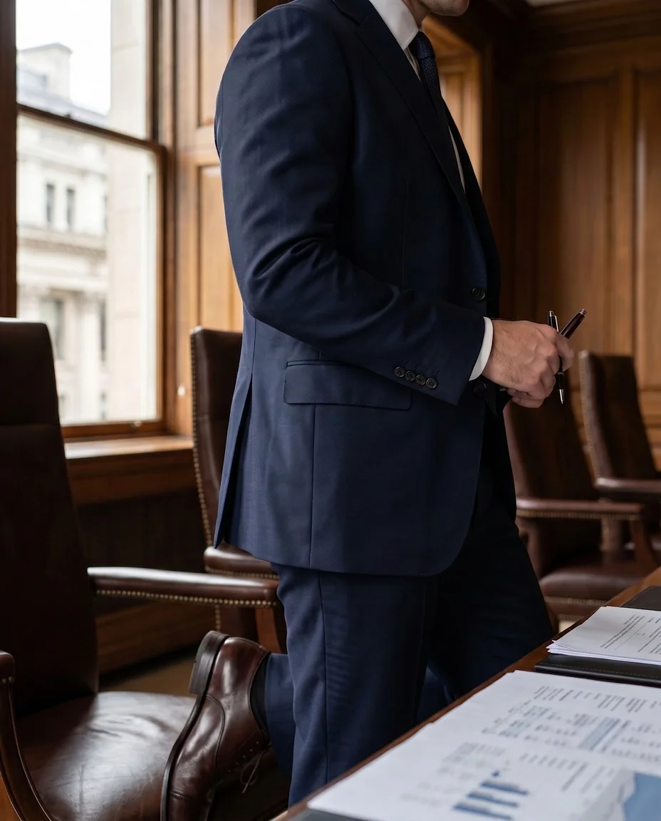 A close-up view of sharp seam lines on a dark navy tailored wool jacket and a polished leather shoe in a wood-paneled boardroom.