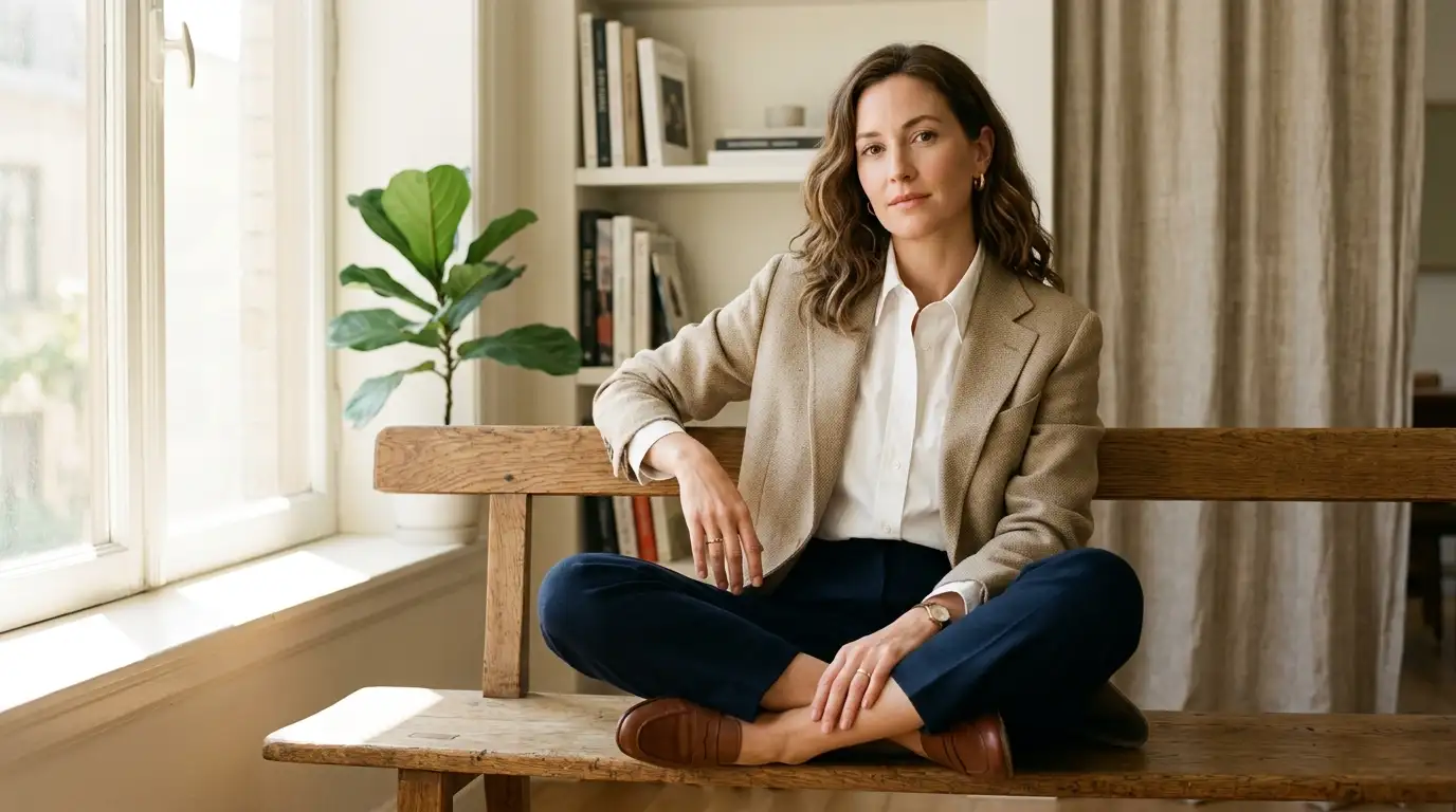 Editorial fashion layout showing a crisp white cotton poplin shirt styled under an unlined cream-colored hopsack blazer on a minimalist warm stone background.
