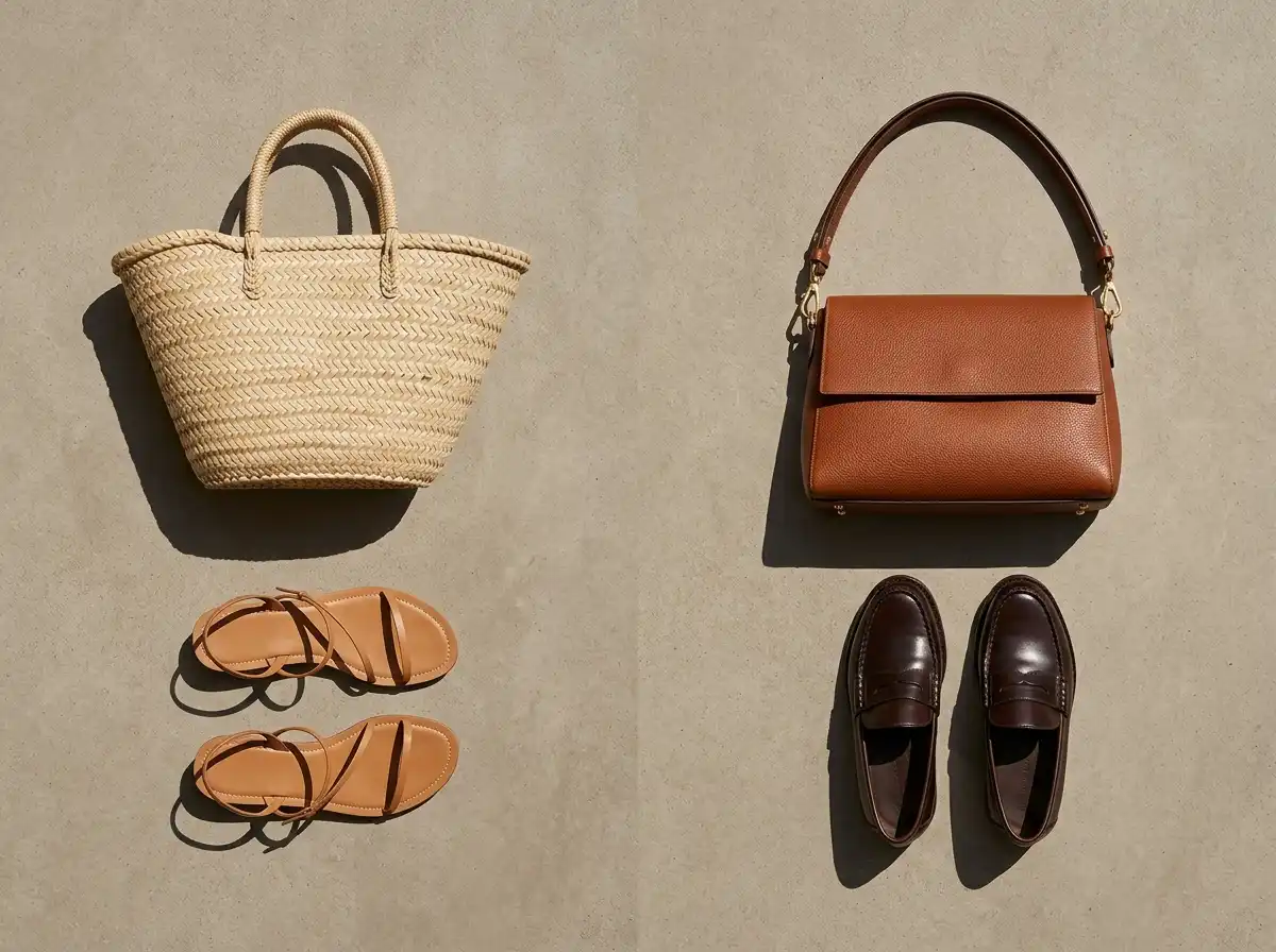A flat lay comparison showing a straw tote bag and woven sandals next to a structured cognac leather shoulder bag and dark brown leather loafers.