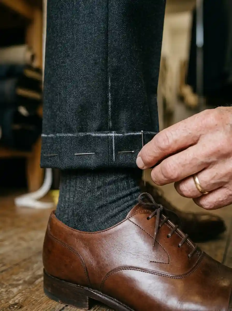 Close-up detailed shot of a tailor's hands pinning a charcoal wool trouser hem to achieve a clean break over a leather shoe.