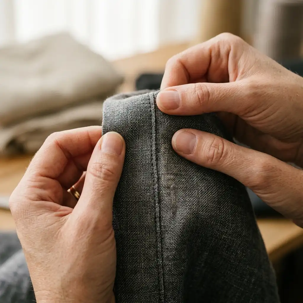 A close-up macro shot of hands gently checking the seam stretch and weave thickness of a premium linen blend shirt against a soft light backdrop.