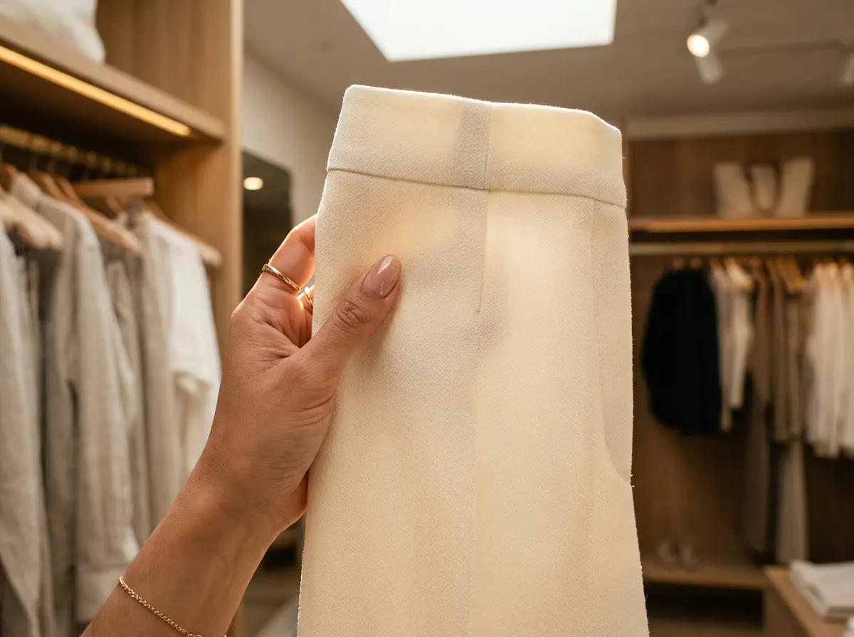 Hands holding light ivory double-crepe summer work pants up to a light source to check for opacity and pocket lining show-through.