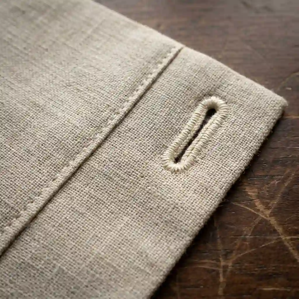 A detailed macro close-up of high-quality fabric constructions, showcasing the tight, flawless weave of a linen blend and clean buttonhole stitching.