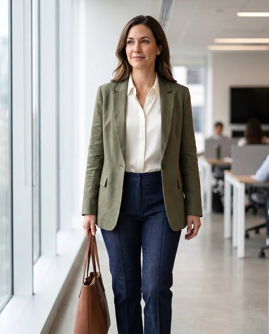 A professional wearing a relaxed, unbuttoned olive blazer over an ivory knit top and dark tailored trousers.