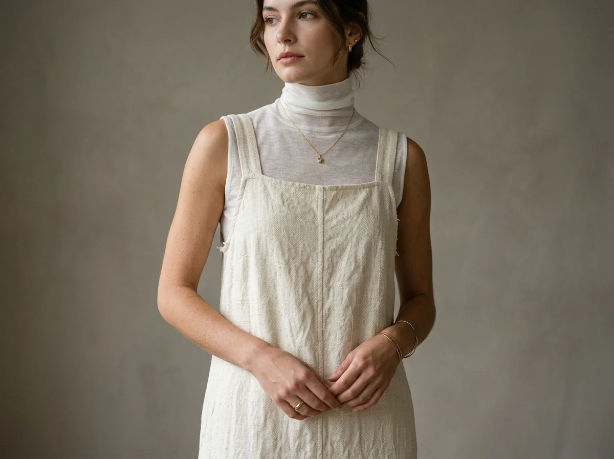 Close-up of a lightweight white cotton tissue turtleneck layered underneath a sleeveless linen-blend cream dress.