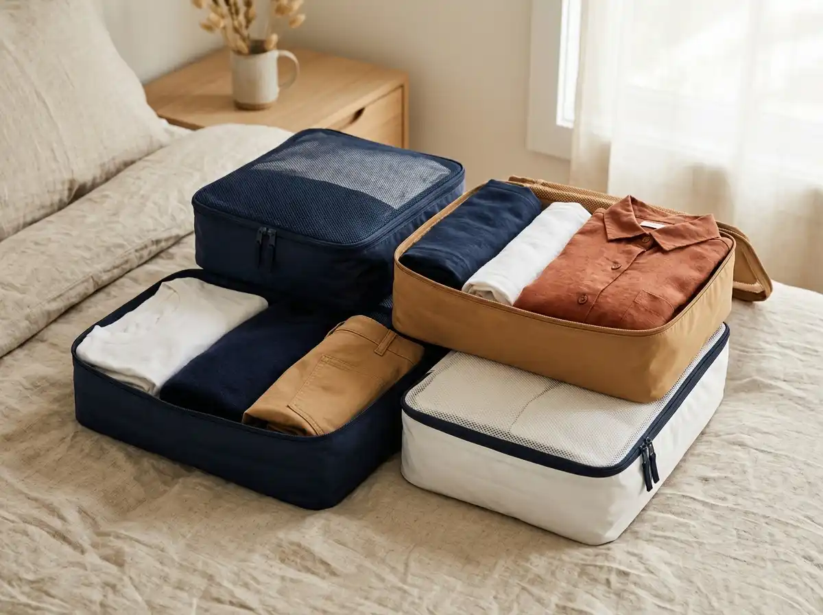 Neatly folded stack of travel clothing in a coordinated navy, camel, and white color palette
