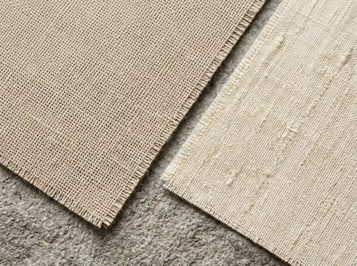 Macro detail shot comparing the open weave texture of light beige tropical wool and a slubbed linen-viscose blend fabric.