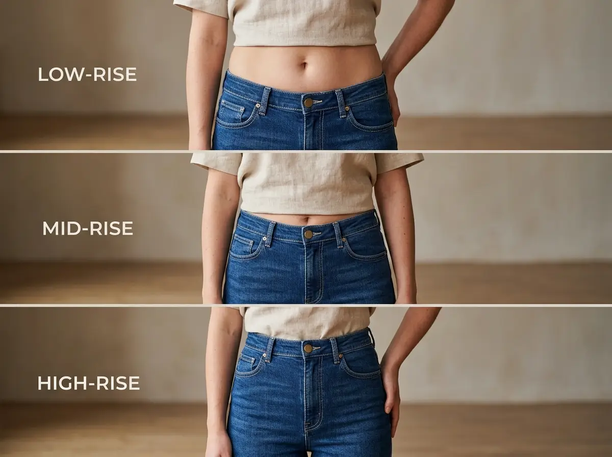 Three trouser rise heights compared on a model showing low rise, mid rise, and high rise waistline placements