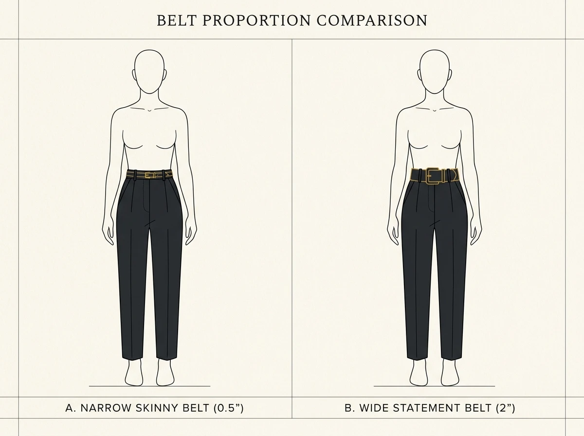Technical design illustration showing side-by-side torso comparisons of a skinny belt versus a wide belt on high-rise trousers to demonstrate torso proportion shifts.
