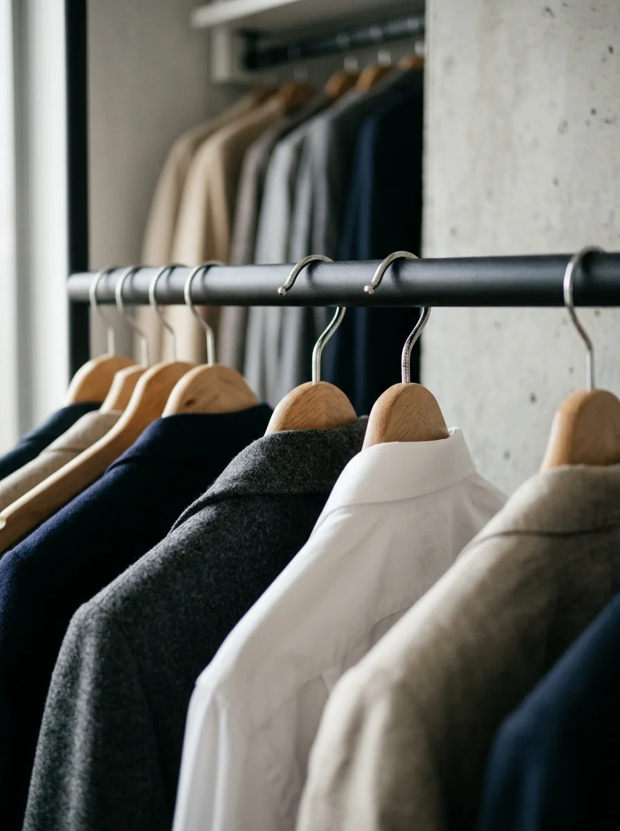 Close-up of wooden clothing hangers on a metal rack with some hooks facing backward and others facing forward to track worn garments.