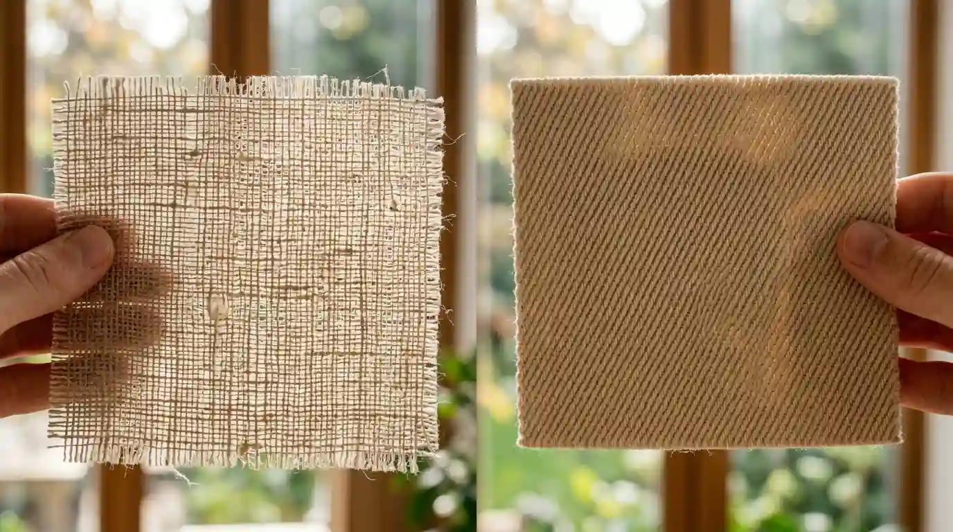 Macro side-by-side close-up view comparing the loose open grid structure of flax linen weave with the dense, tight diagonal pattern of heavy cotton twill fabric under soft natural backlighting.
